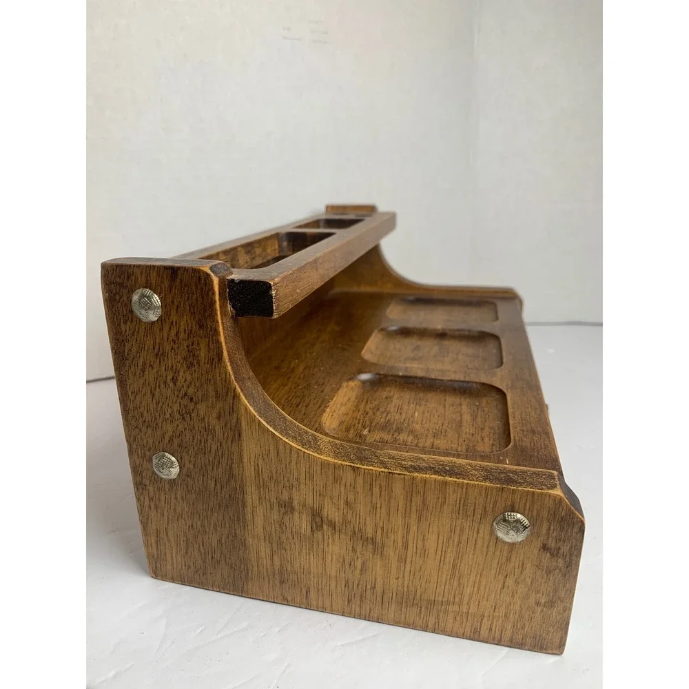 Vintage Wood Desk Organizer Valet Tray Red Felt Lined Jewelry Drawer Brown